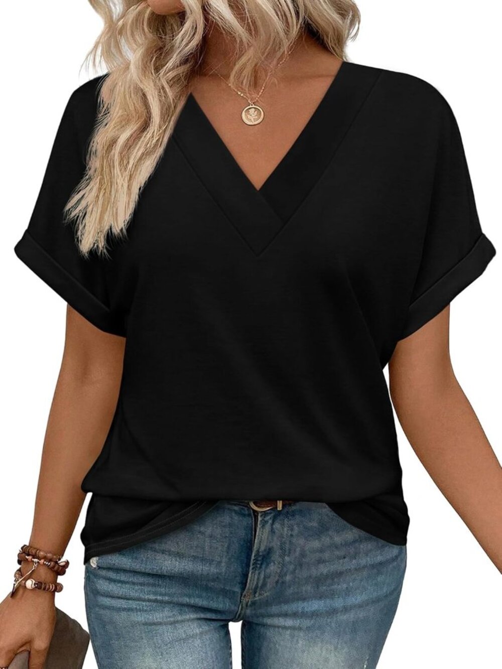 Women's Black Short Dolmen Sleeve V Neck Outfits Clothes Tops T Shirts